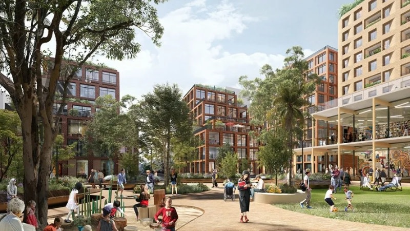 rendering of communal space surrounded by apartment buildings in sydney