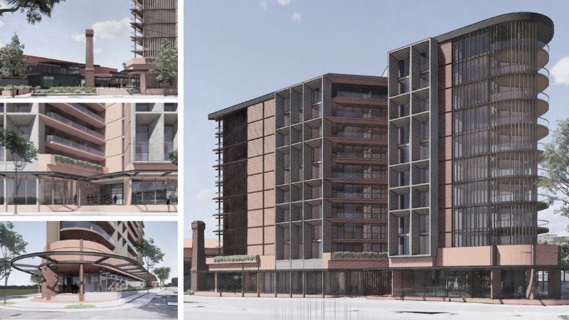 Renders of the proposed mixed-use redevelopment of Toowoomba's historic Gasworks site.
