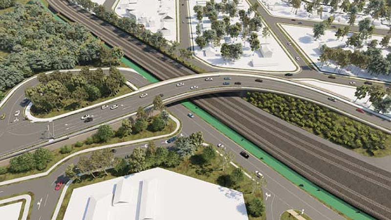 Artist impression of the new road-over-rail bridge at Beenleigh Road