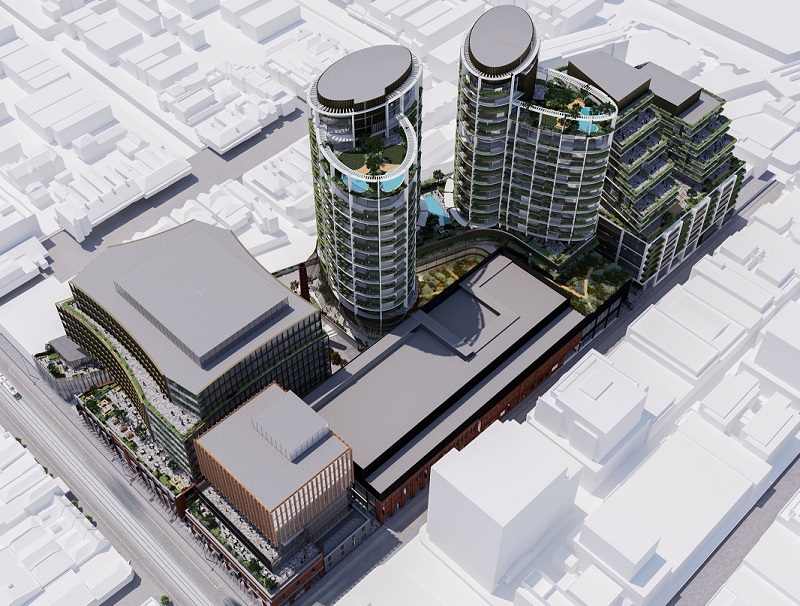 Aerial render of the proposed Jam Factory precinct includes a retail podium with heritage features and a modern precinct above including office, apartments and hotel rooms across five towers.