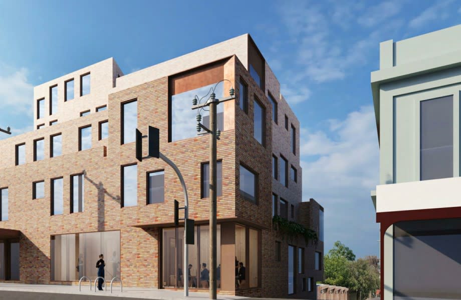 A render of a five-storey brick building, a new office project at 90A-96 Bridge Road in Richmond in Melbourne.