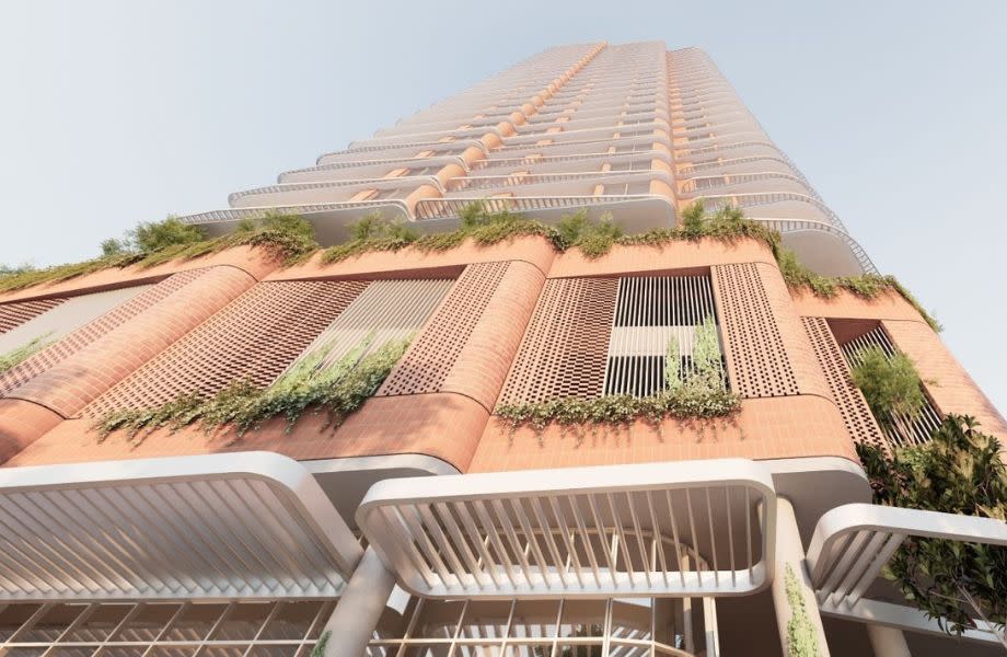 A rendering of the Plus-Studio-designed tower proposed for Bowen Hills in Brisbane’s inner-north.
