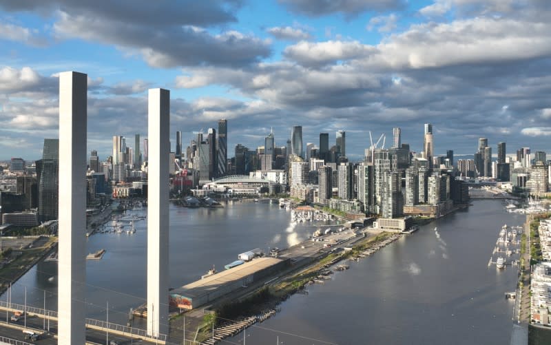 The view of Collins Wharf from the Bolte Bridge at Melbourne's Docklands.