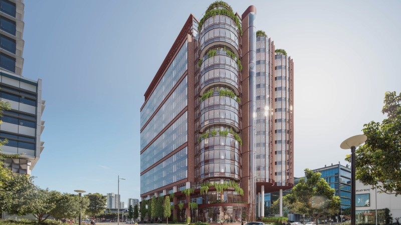 The new design by Bates Smart and Little Boat Projects for KTQ Group's office project at the corner of Breakfast Creek Road and Skyring Terrace in Brisbane's Newstead.