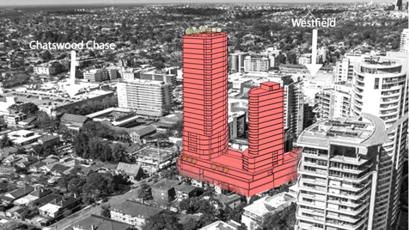 a black and white image of Chatswood with the Westfield in the background, a red 3D drawing of a proposed 2 tower development is in the middle of the image.