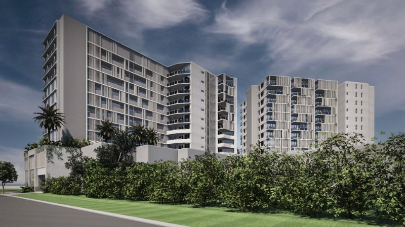 A rendering of the dual tower, 165-unit development proposed for 41-43 Aerodrome Road, Maroochydore.