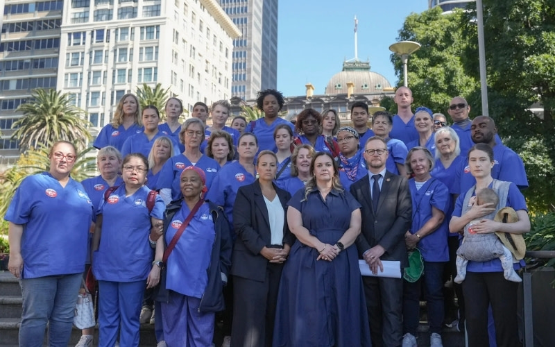 A photograph of nurses and midwives after the pay rates decision by the NSW Industrial Relations Commission on April 16