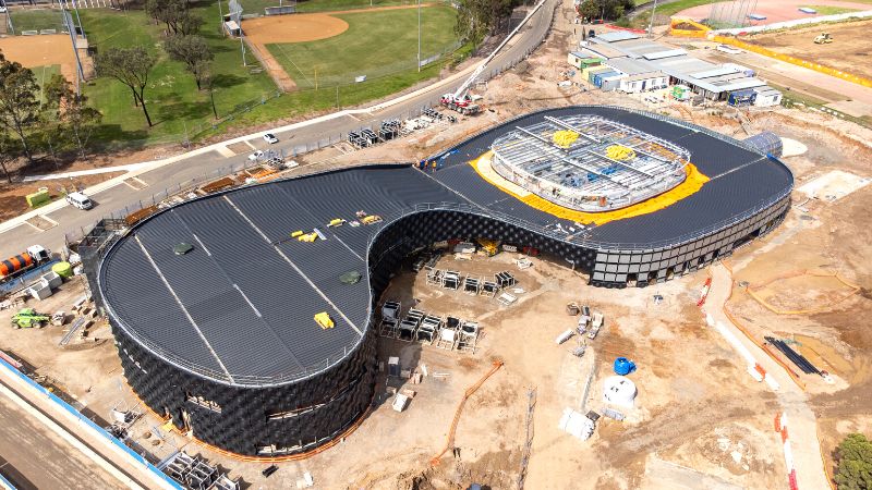 Aerial shot of construction of the Blacktown Exercise Sports and Technology hub.