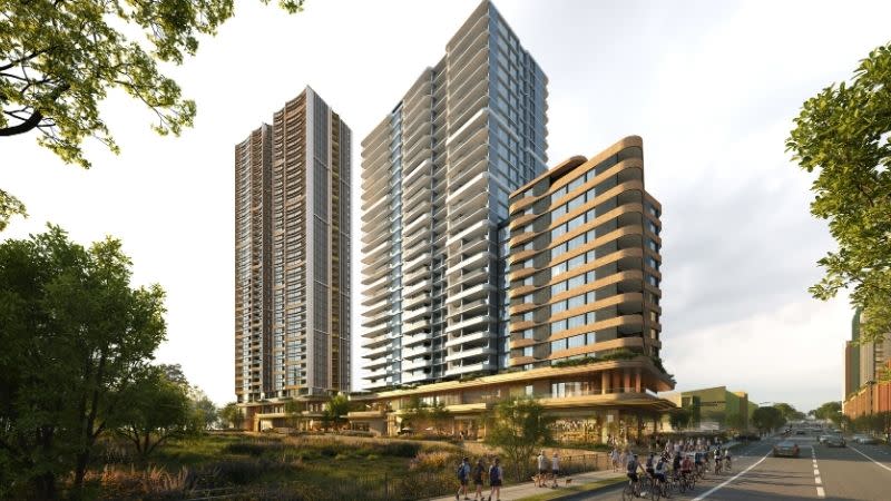 A Plus Studio rendering of the precinct’s taller tower pair above a rounded mixed-use podium edge.