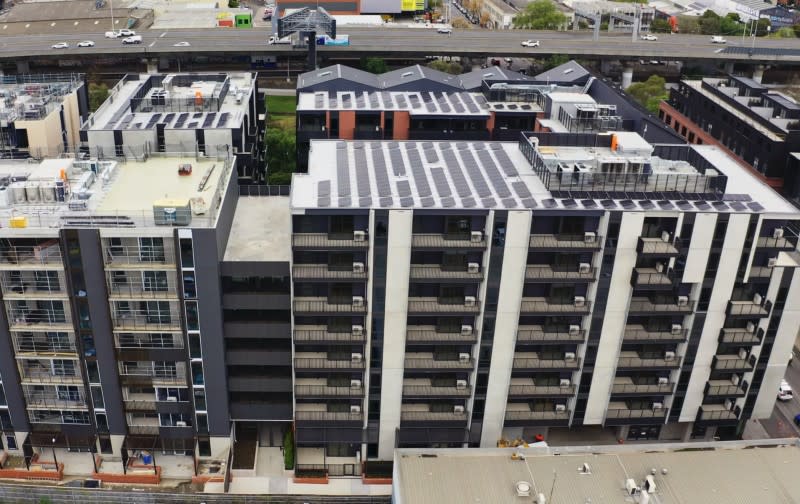 An aerial image of the rooftop solar farms on Local Residential's Kensington project in Melbourne.