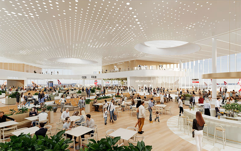 The render of the dining precinct at the new Airport Central Terminal for Perth Airport.