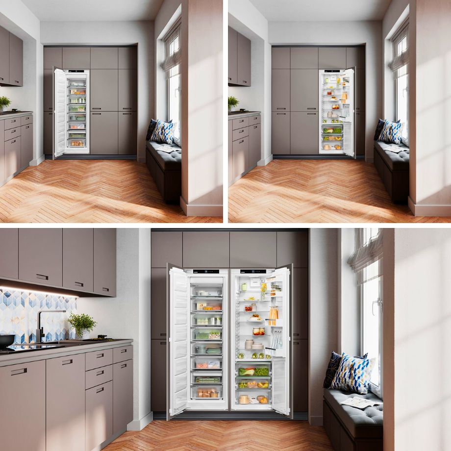 Three image collage showing Liebherr's refrigeration Integrated Range.
