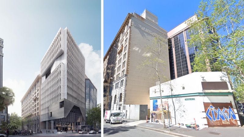 The old design for the 4-6 York Street site as well as the existing corner building with an old car park next to the former Bank of New South Wales.