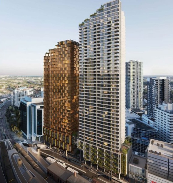 Two towers to be built in Parramatta, one a white build to rent the other a gold office tower over a shared five to six storey podium. 