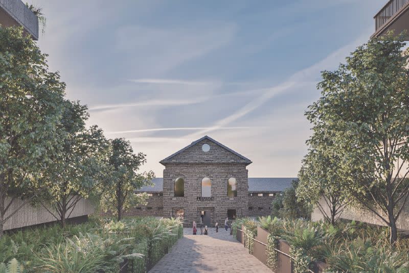 A rendering showing the landscaped walkway that will separate the two buildings and lead to the Ward A cell block, a short-lived prison for women.