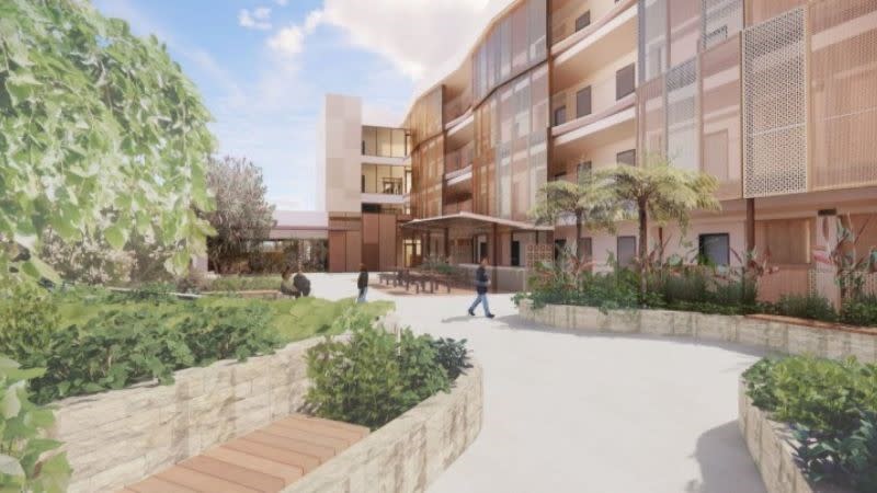 A rendering of a large courtyard planned for the Common Ground at Mandurah