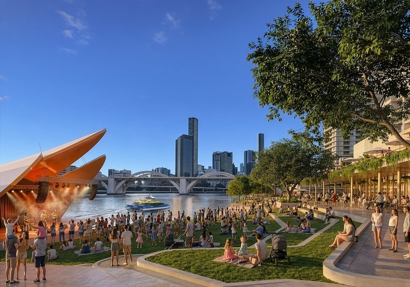 A rendering of the proposed river stage and public lawn, part of Stockwell’s plan to draw activity back to the Kurilpa riverfront.