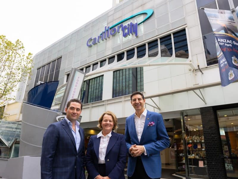 Tattarang's chief investment office John Hartman, Tattarang director, Nicola Forrest AO, and Perth mayor Basil Zempilas outside Carillion City. Source: Tattarang