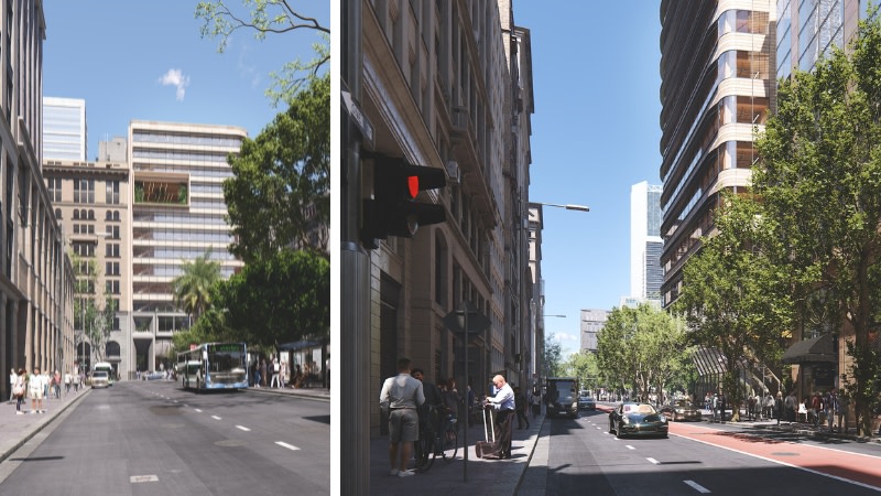 two renders of a new 13 storey timber tower next to the former bank of new south wales. it shows a leafy sydney city street with older style buildings.