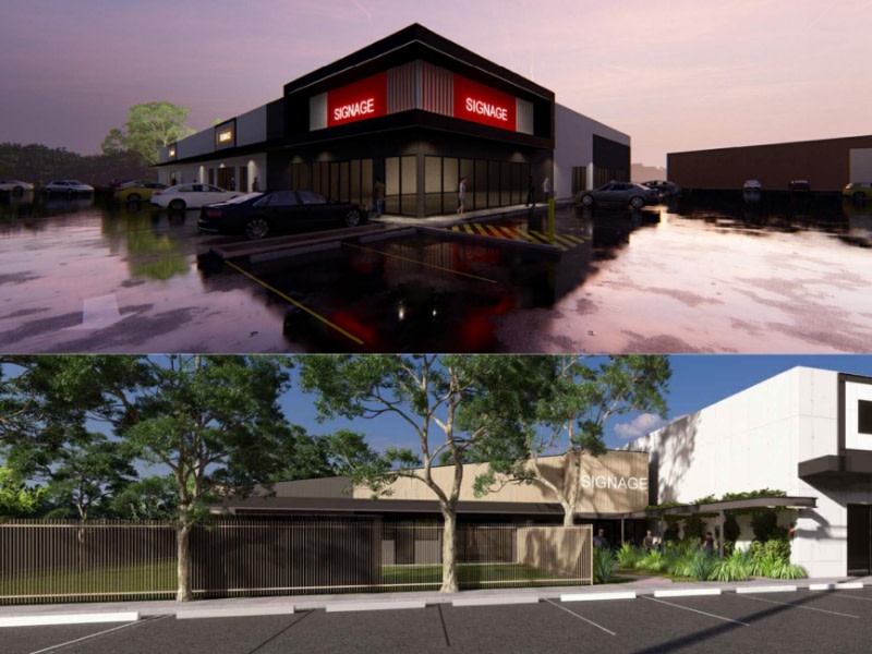 rendering of a large format retail shop and a child care centre with large leafy trees nearby