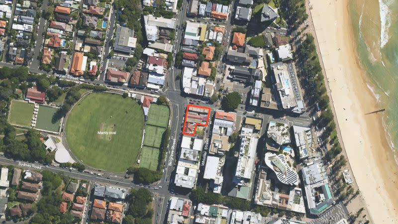 aerial image of Manly, showing a property highlighted next to Manly Oval and a few blocks behind Manly beach. 