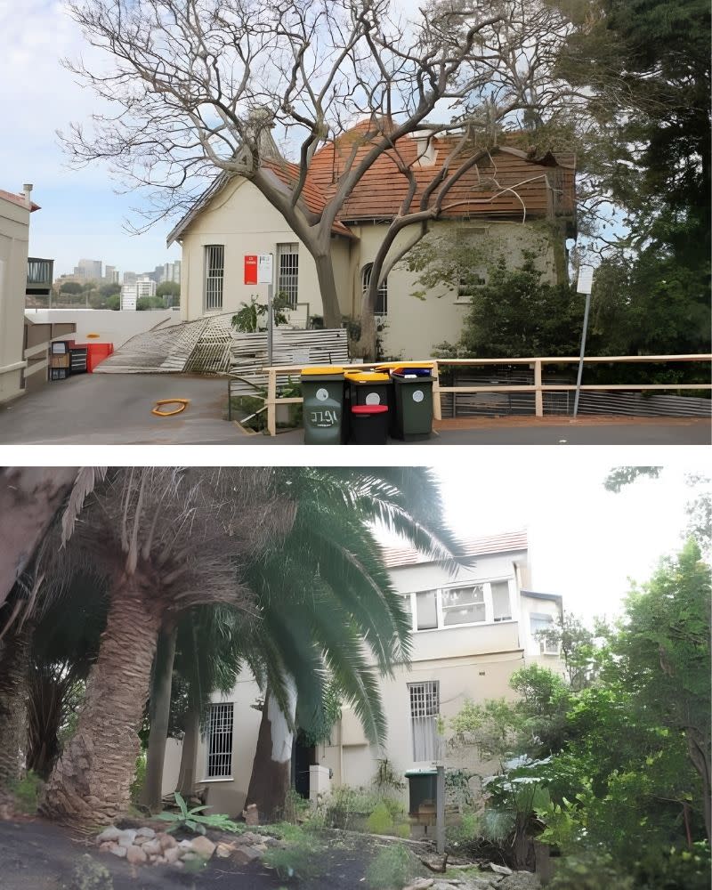 Two views of the existing house at 115 Kurraba Road, now split into three strata flats.