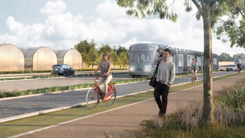 render of the future roadway between liverpool and the western syd International airport including a public transport smart bus and bike paths.