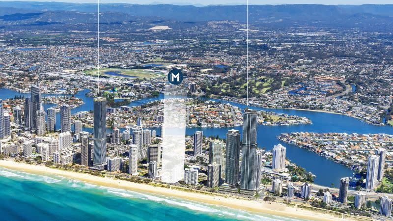 aerial image depicting a future tower site by Meriton located between two of its other developments.