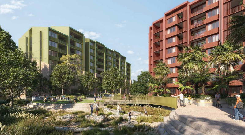 Hillsdale: Rendering of the central communal open space and community focal point for the 179 home Hillsdale social housing development.