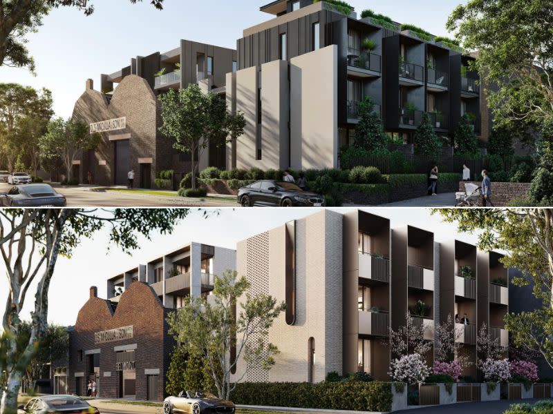 Two images of a four story apartment building with a brick facade in grey and an original steel shed building.