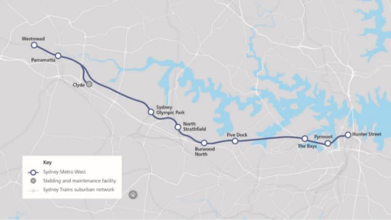 A map the Sydney Metro West new stations including Five Dock.