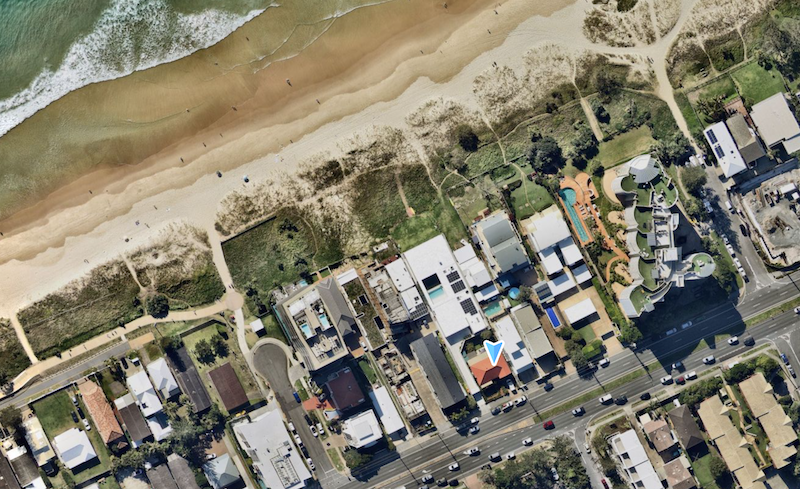 Aerial image of 1367 Gold Coast Highway, Palm Beach next to set of plans for a seven-storey development with rooftop pool.