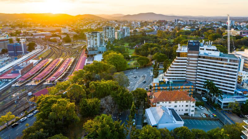 Aerial view of Spring Hill's former Pacific Hotel and surrounding properties.