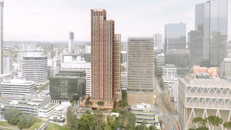 a rendering of two buildings on parramatta river, a red tower with a pool and golden office tower 