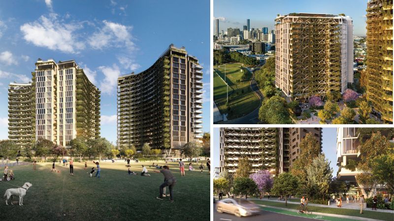 Renders of the approved West End development featuring two towers with curved facades wrapped in a 'green' exoskeleton and enhanced public realm.