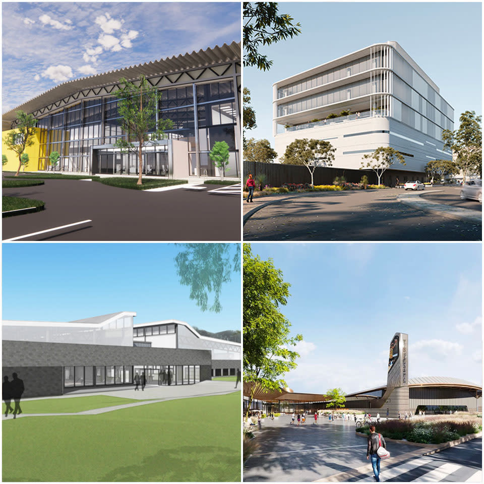 ▲ South-Metro depot in Forrestdale (top left), PTA Operations Centre (top right), Puckapunyal health and wellbeing centre (bottom left), Knox Regional Sports Park (bottom right).
