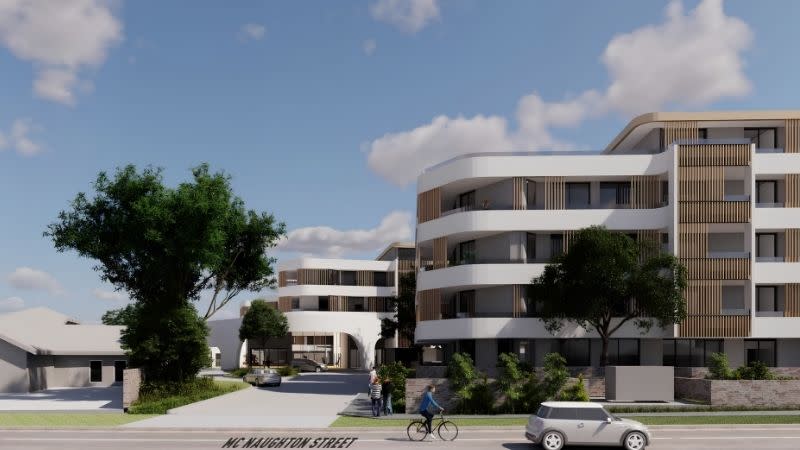 The community hub entry from McNaughton Street, with the Jackson Teece-designed apartment buildings beyond.