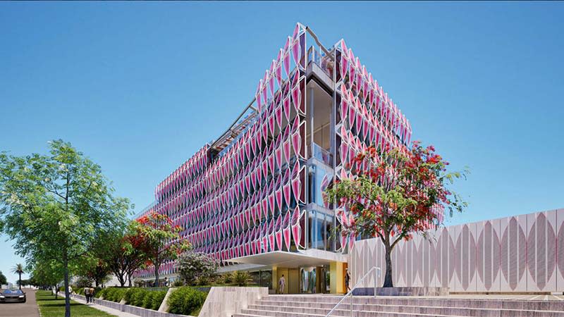 Daytime render of the pink facade of the proposed Roy Hill HQ refit.