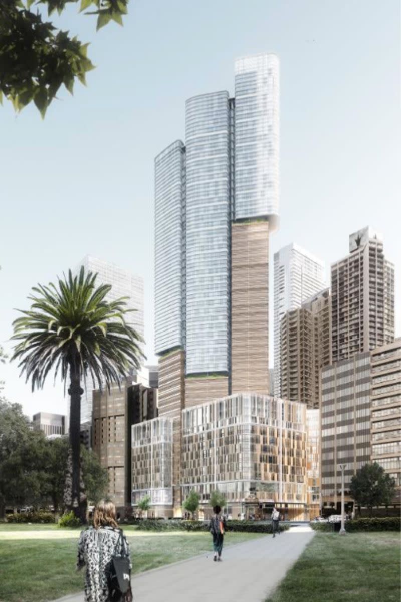 FJC Studio's winning design for the hotel-apartment tower on Elizabeth Street.  In the main image, the studio's approved design for an additional 11-storey podium on the site.