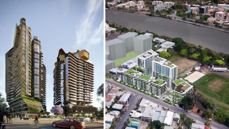 renderings of a two tower and five building apartment development planned next to davies park