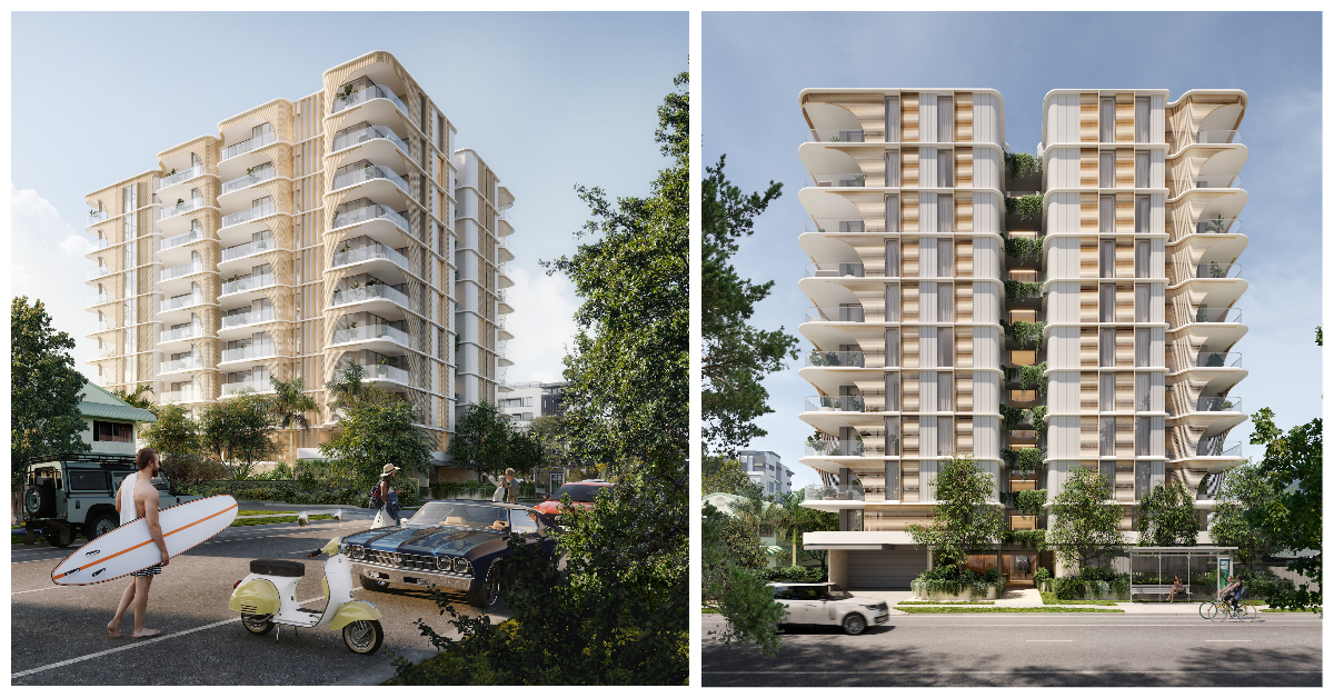 Render of the approved 11-storey apartment tower earmarked for a site at 89-91 Golden Four Drive at Bilinga. 