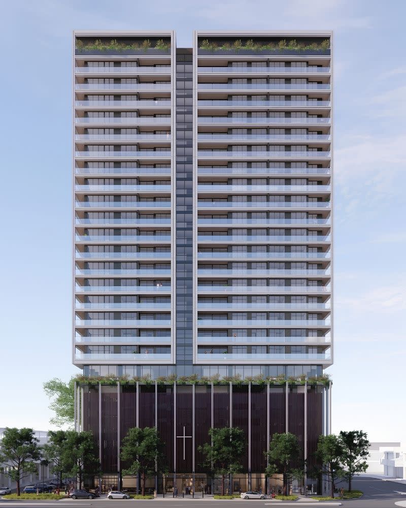 A Cortese rendering of the proposed 90m Uniting Church mixed-use tower at 19A-21 Gordon Street, Coffs Harbour, with the new place of worship in the podium and apartments above.