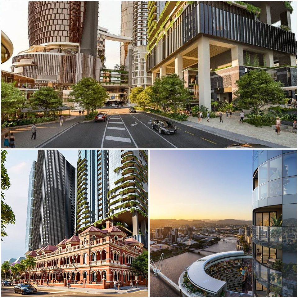 Three images of Queen's Wharf Tower development at 23 Margaret Street, Brisbane City, Qld 4000