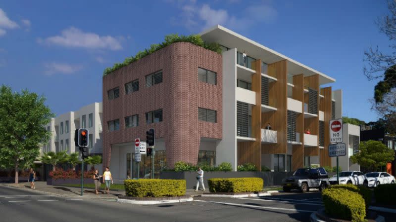 render of a four storey tower with a residential tenancy on the ground floor. the facade has bricks, white and mustard finishes along with black planter boxes.