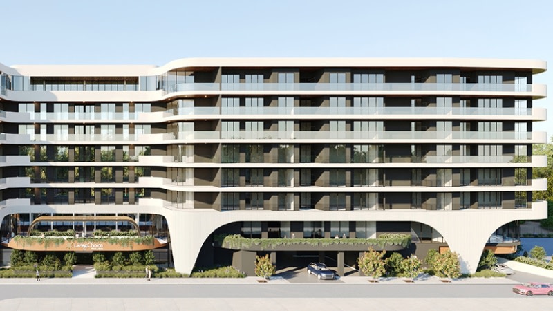 render of a eight storey wide residential development in Adelaide west with modern curves on the lower levels. 