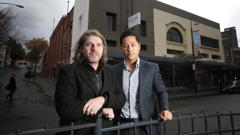 MONA owner David Walsh and Riverlee's development director David Lee in 2017 when the Hanging Gardens Group partnership was first announced.