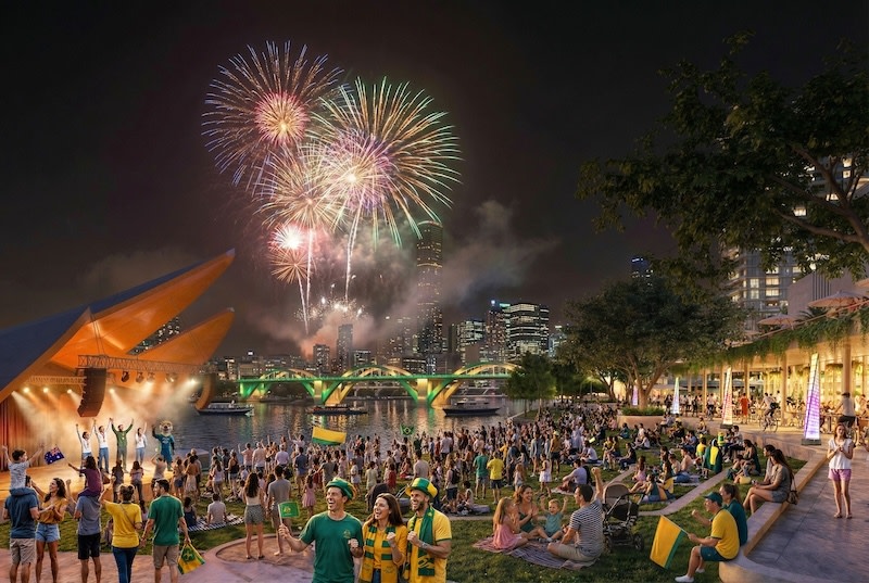 A rendering of Stockwell’s proposed riverfront live site at Kurilpa, where the former Paul’s Milk Factory land would be folded into a Games-era precinct.