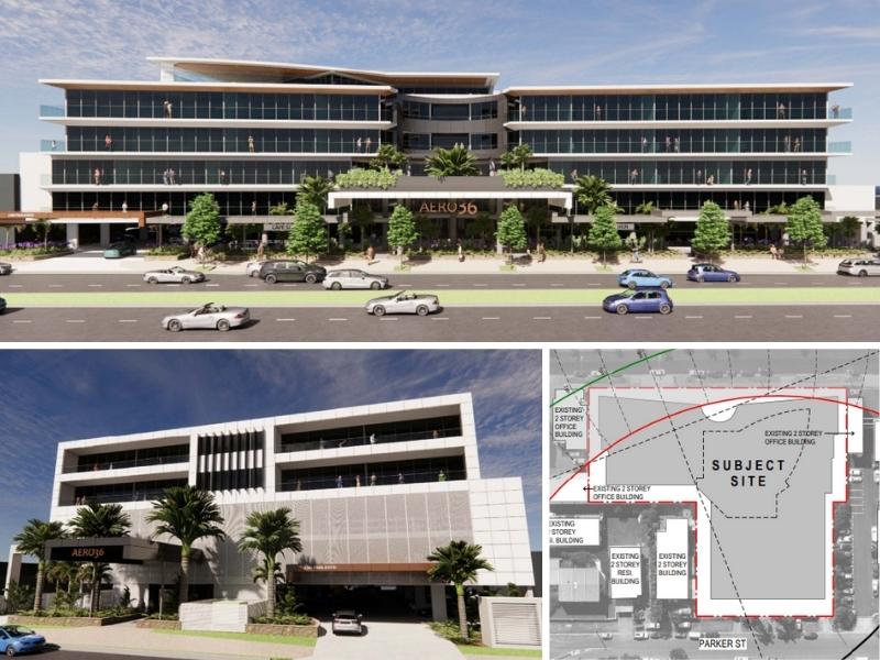 Three images of a five storey development in Maroochydore. The long flat building, the rear entrance and aerial image of the site.