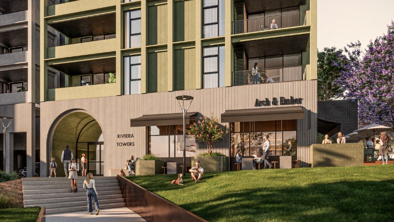A close-up rendering of the tower planned for Rivervale.