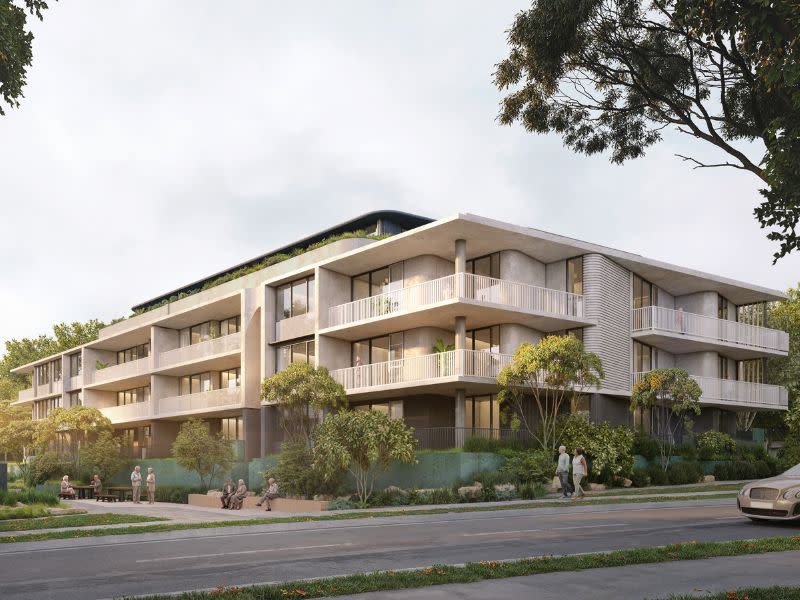 Render showing a four-storey light-coloured block of independent living units.